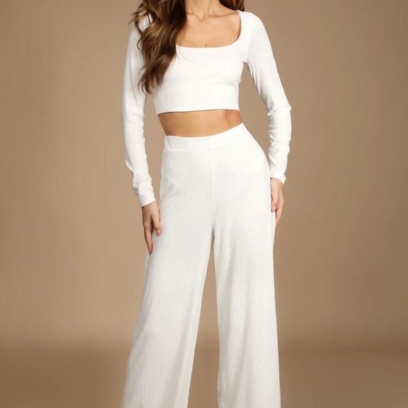 Lulus NWT Let's Unwind White Ribbed Wide-Leg Pants - Picture 1 of 2